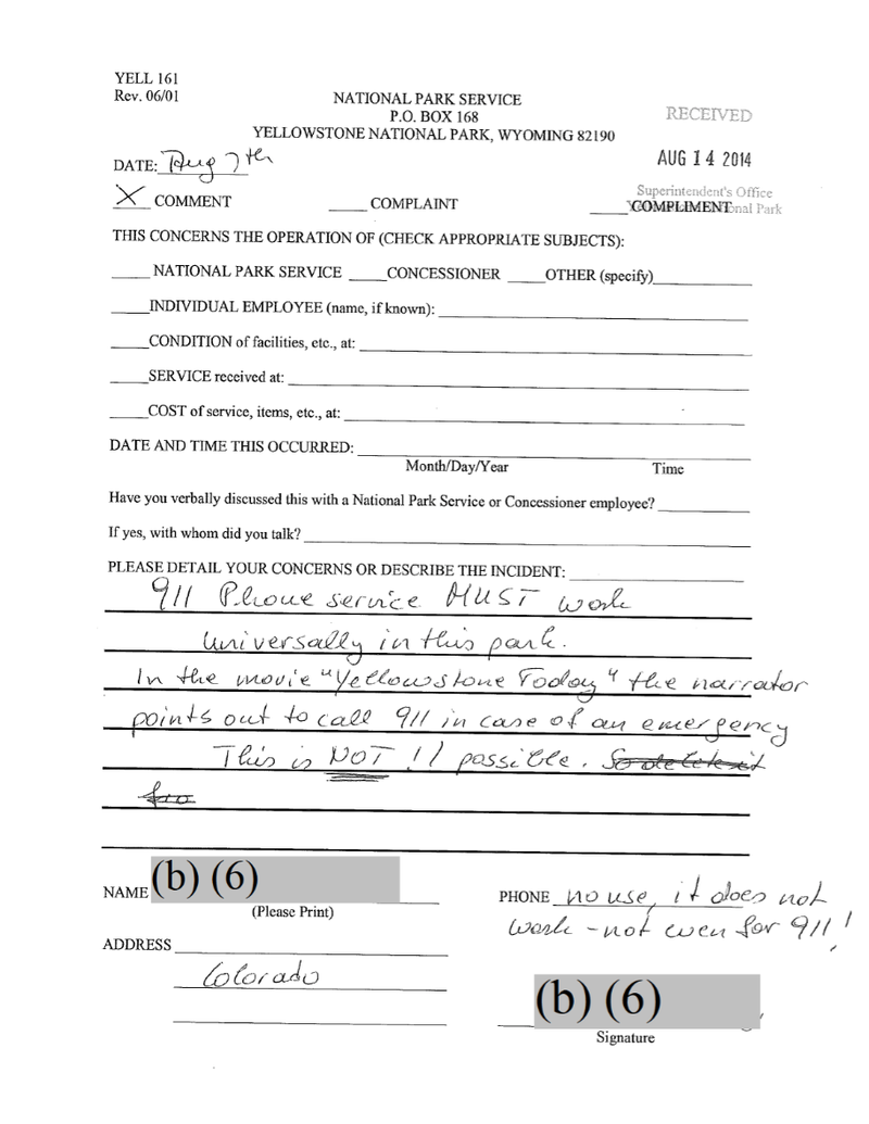 Complaint from a visitor to Yellowstone National Park